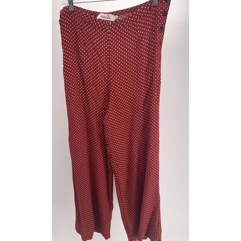Pink Wheels Palazzo Wide Leg Pants Red W/White Polka Dots Side Button Size L